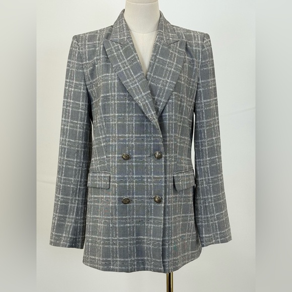 Zara Basic Collection Gray Checkered Micro Plaid Double-Breasted Blazer Size L - Picture 1 of 16